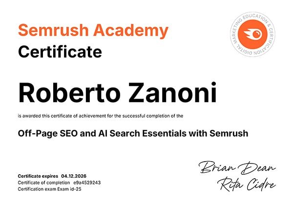 Certificato Semrush Academy di Roberto Zanoni: Off-Page SEO and AI Search Essentials with Semrush