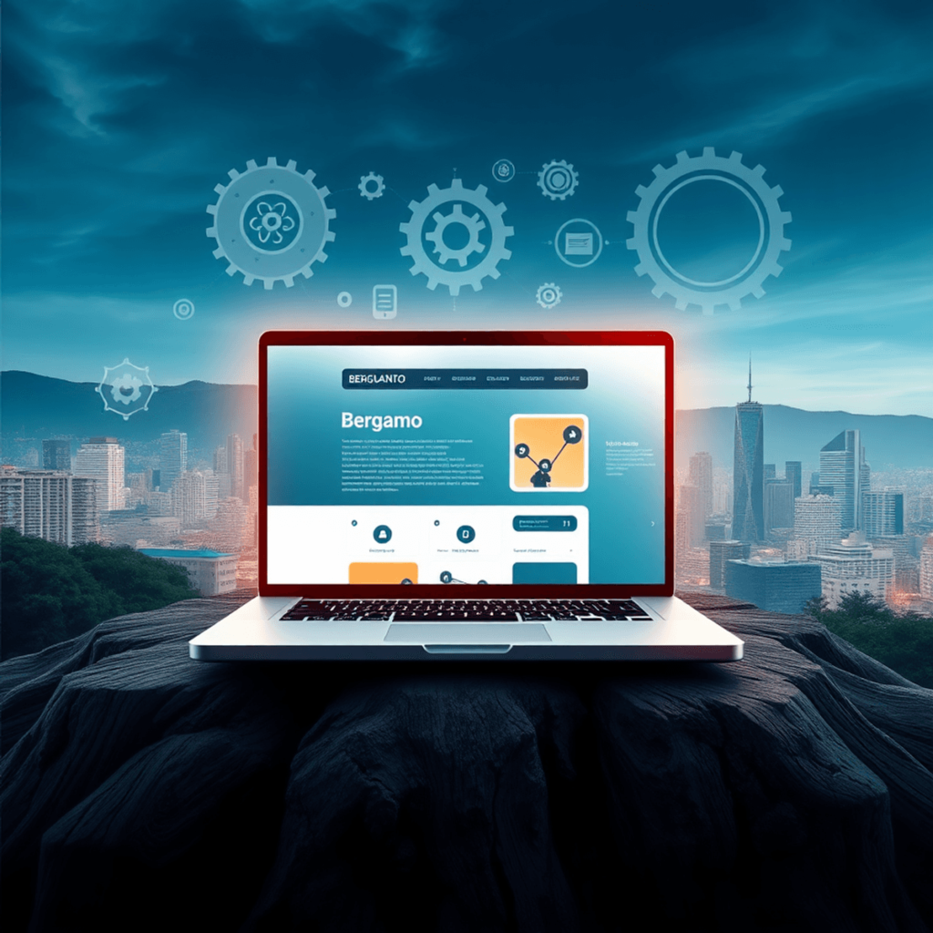 Un laptop che visualizza un design di sito web moderno, circondato da simboli tecnologici come ingranaggi e frammenti di codice, con lo skyline del…