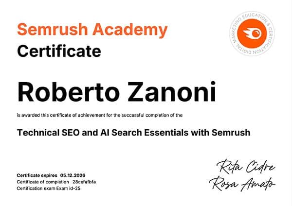 Roberto Zanoni certificato technical seo semrush