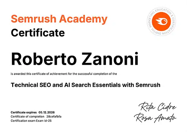 Roberto Zanoni certificato technical seo semrush