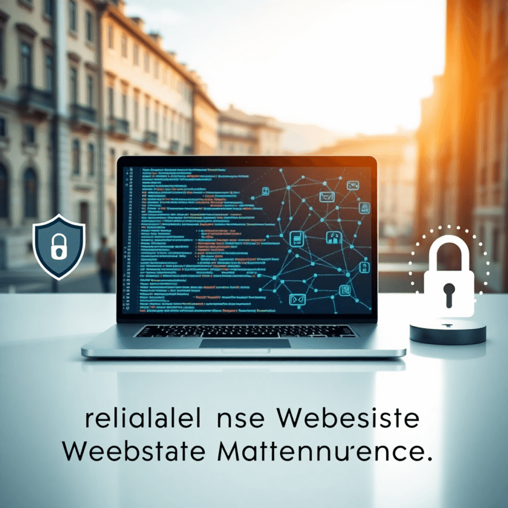Spazio di lavoro moderno con laptop che mostra codice digitale e icone di sicurezza, ambientato contro uno sfondo sfocato di un paesaggio urbano so...