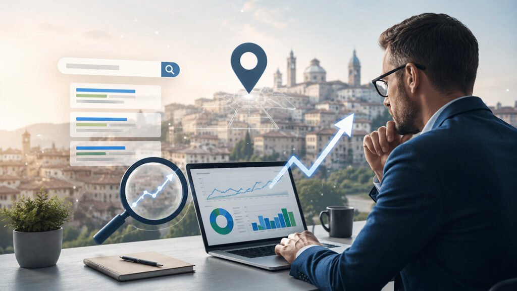 Professionista che analizza dati SEO e visibilità locale per scegliere una consulenza SEO a Bergamo