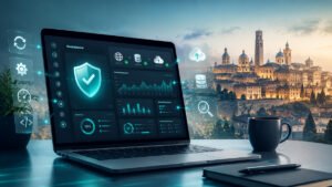 Laptop con dashboard di manutenzione siti web, sicurezza, backup e performance davanti allo skyline di Bergamo