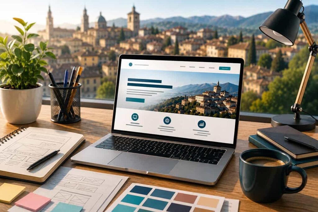 Workspace moderno con laptop e mockup di sito web per rappresentare i costi di realizzazione di un sito web a Bergamo