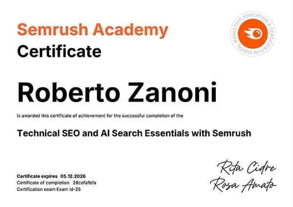 Certificato Technical SEO Roberto Zanoni