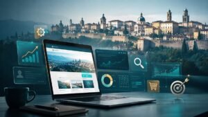 Laptop con dashboard SEO, grafici di crescita e interfacce digitali davanti allo skyline di Bergamo